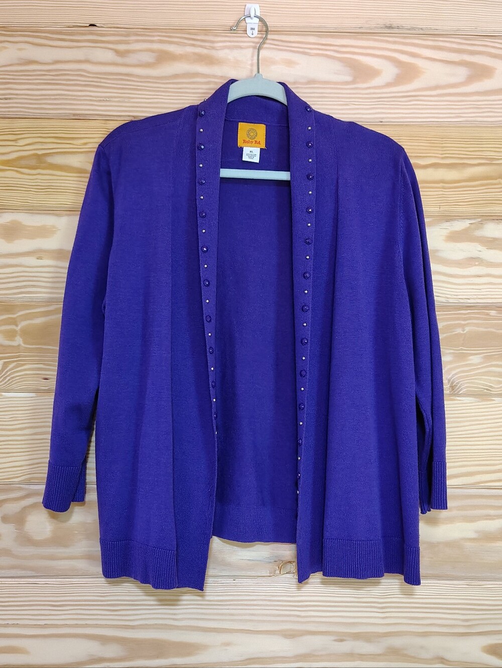 Ruby Rd Purple Beaded Embellished Open Front Cardigan Sweater XL Cotton Blend